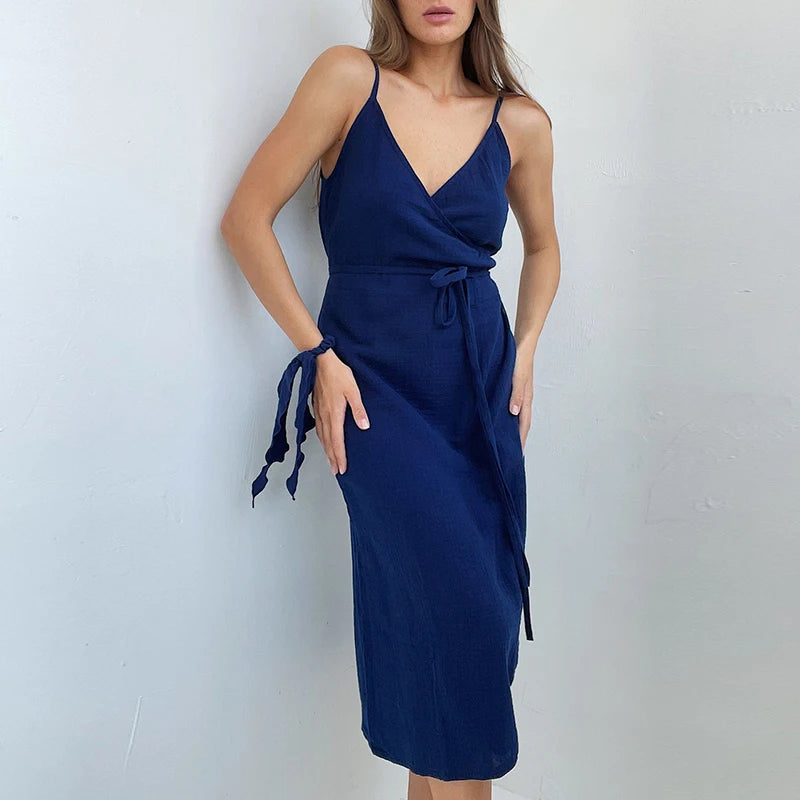 Vintage Women’s 100% Cotton Crepe Gauze V-Neck Sleeveless Bandage Long Maxi Dress