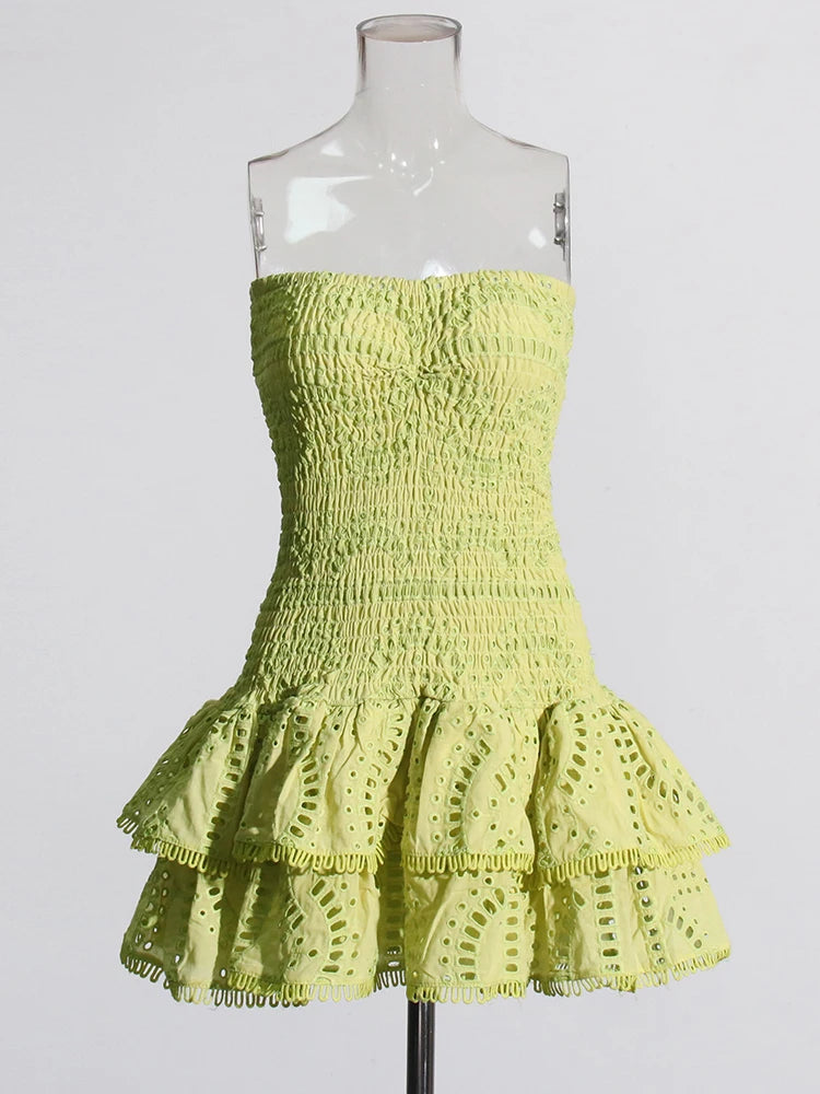 Designer Women’s Strapless Mini Dress – High Waist A-Line Dress with Ruffle Hem
