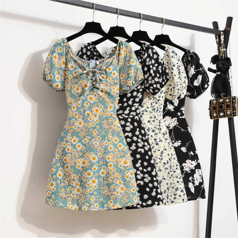 Women’s Summer Mini Dress – Floral Print Chiffon Shirring Pleated Puffy Sleeve Dress