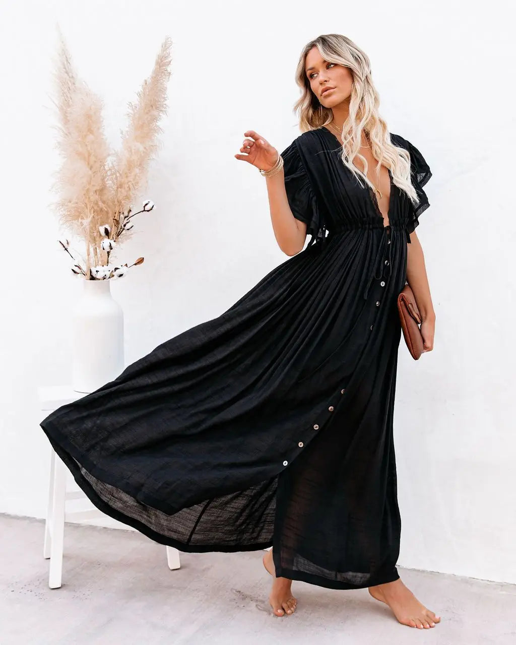 Summer Women’s V-Neck Kimono Bikini Cover-Up – Lace-Up Boho Beach Dress