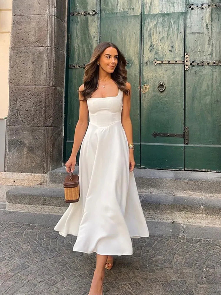 Polka Dot Maxi Dress – Elegant Square Neck Sleeveless High Waist Gown