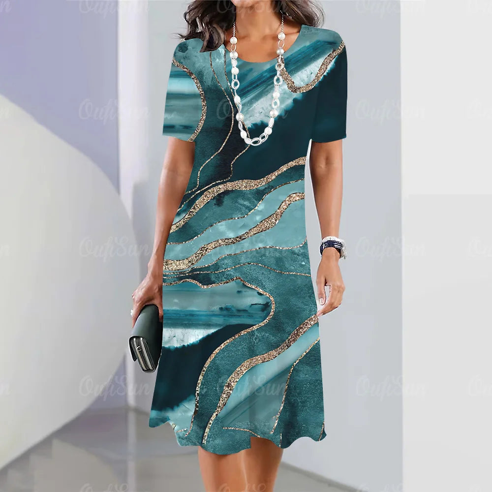 New Women’s Plus Size Midi Dress – Elegant Graphic Print Summer One-Piece