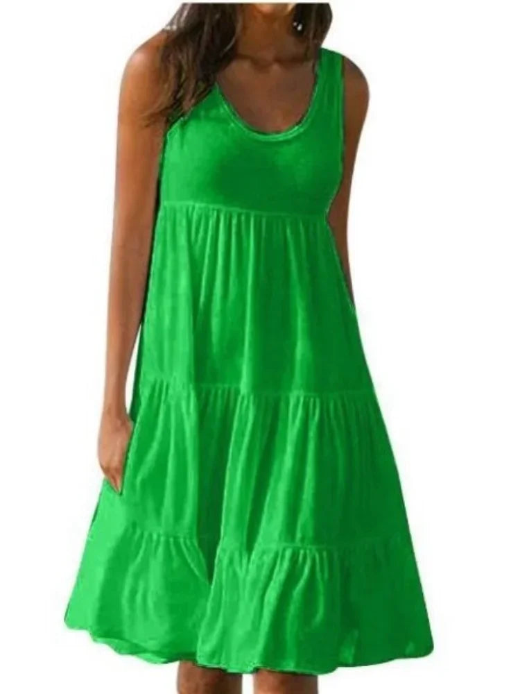 Oversized O-Neck Sleeveless Ruffle Loose Beach Dress – Boho Plus Size Sundress