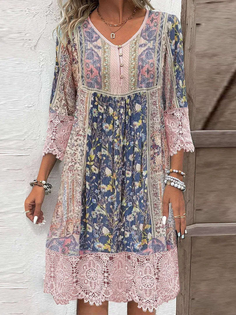 Vintage Printed Lace Dress – Women’s V-Neck Elegant Spring Summer Dress