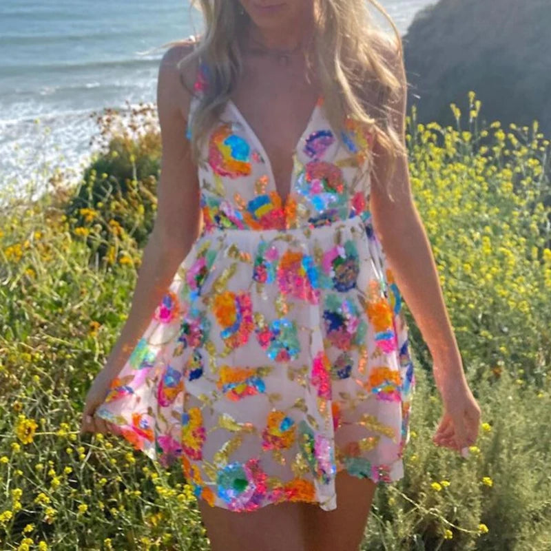 Sexy Sequin Floral Mini Dress Women’s Deep V-Neck Backless Club Dress