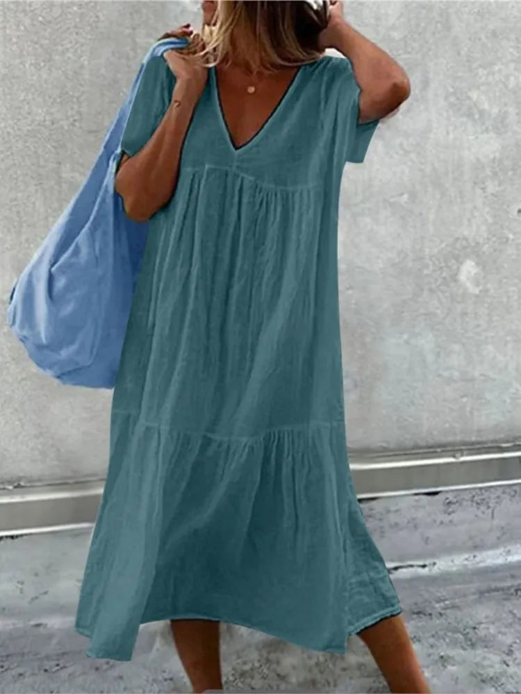 Solid Color Cotton Linen Midi Dress for Women – Casual V-Neck Short Sleeve Loose Fit