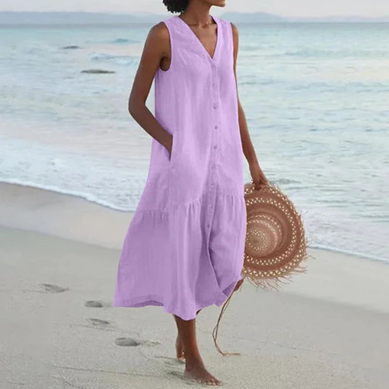 Summer Cotton Linen Patchwork Dress – V-Neck Sleeveless Midi with Pockets