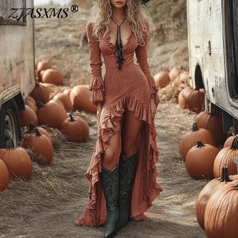 Ethnic Retro Ruffle Maxi Dress – V-Neck Slim Fit Boho Butterfly Sleeve Long Dress