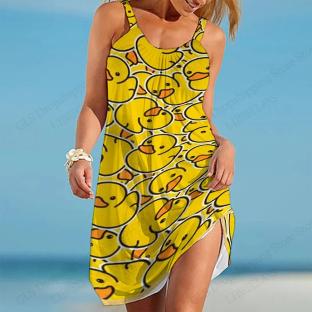 Hawaiian Beach Dress for Women – 3D Duck Print Summer Midi Strap Bohemian Sundress