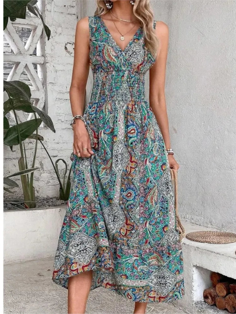 Boho Print Sleeveless Maxi Dress – Summer Beach Holiday Dress for Women