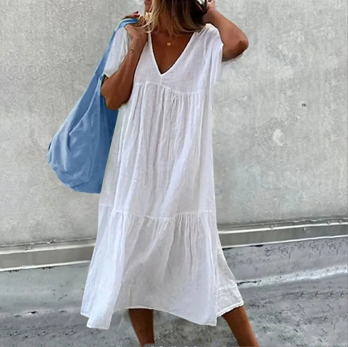 Solid Color Cotton Linen Midi Dress for Women – Casual V-Neck Short Sleeve Loose Fit