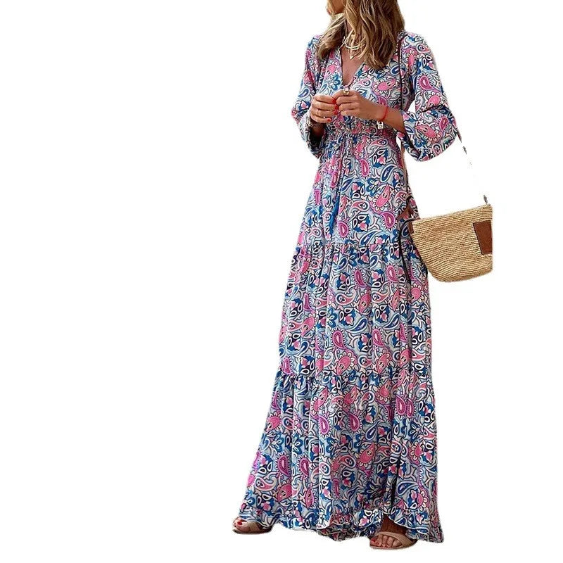 Bohemian V-Neck Printed Maxi Dress – Lace-Up Waist Long Sleeve Autumn Dress