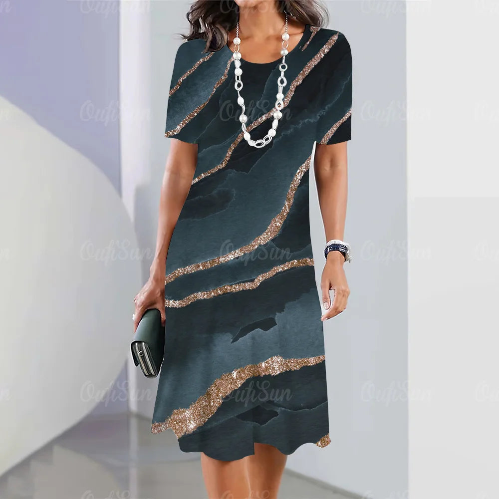 New Women’s Plus Size Midi Dress – Elegant Graphic Print Summer One-Piece
