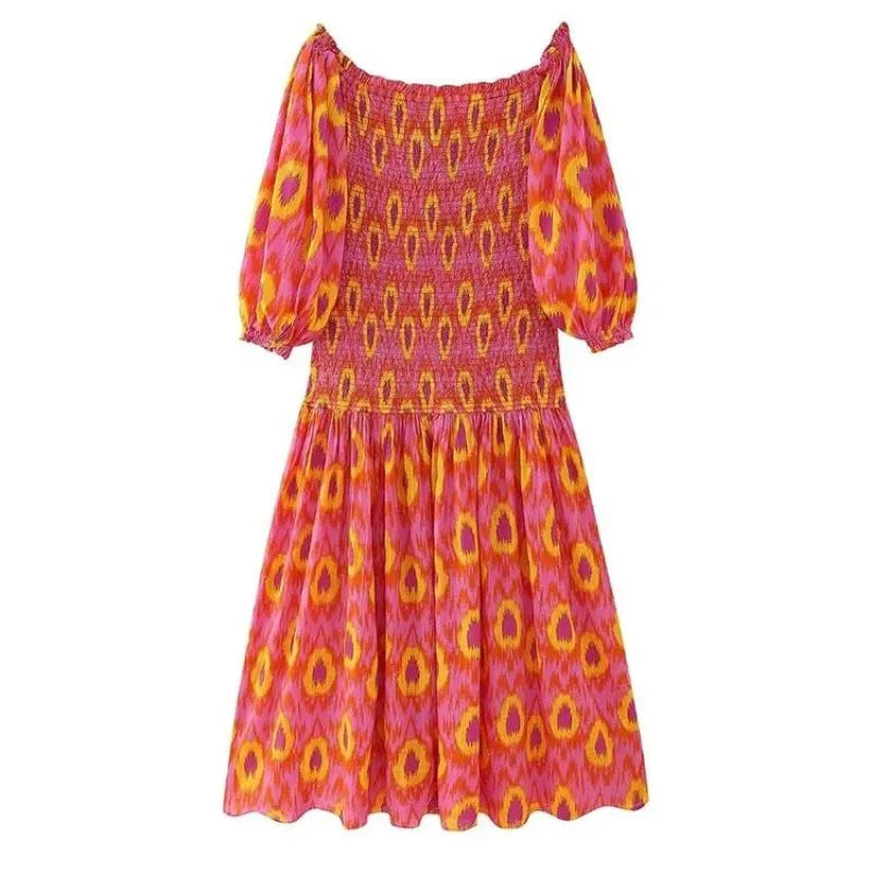 Robe mi-longue plissée à volants et épaules dénudées pour femme, manches bouffantes