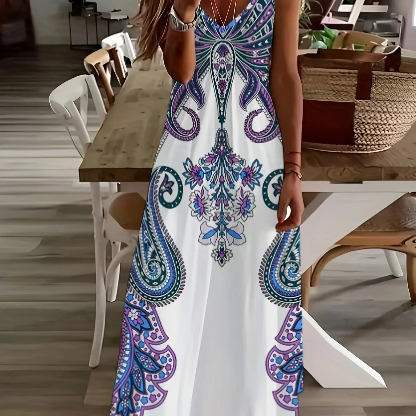 Retro Fishing Net Print Sleeveless Suspender Ankle-Length Dress