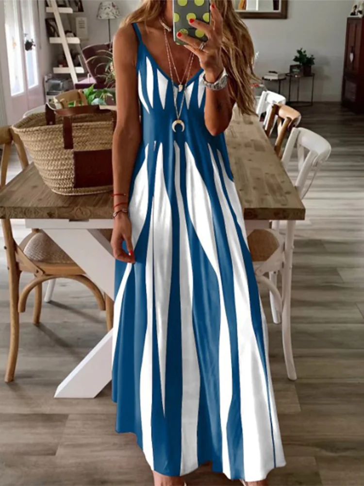 Sexy Sleeveless Black & White Stripe Printed Long Dress – Summer Casual Party