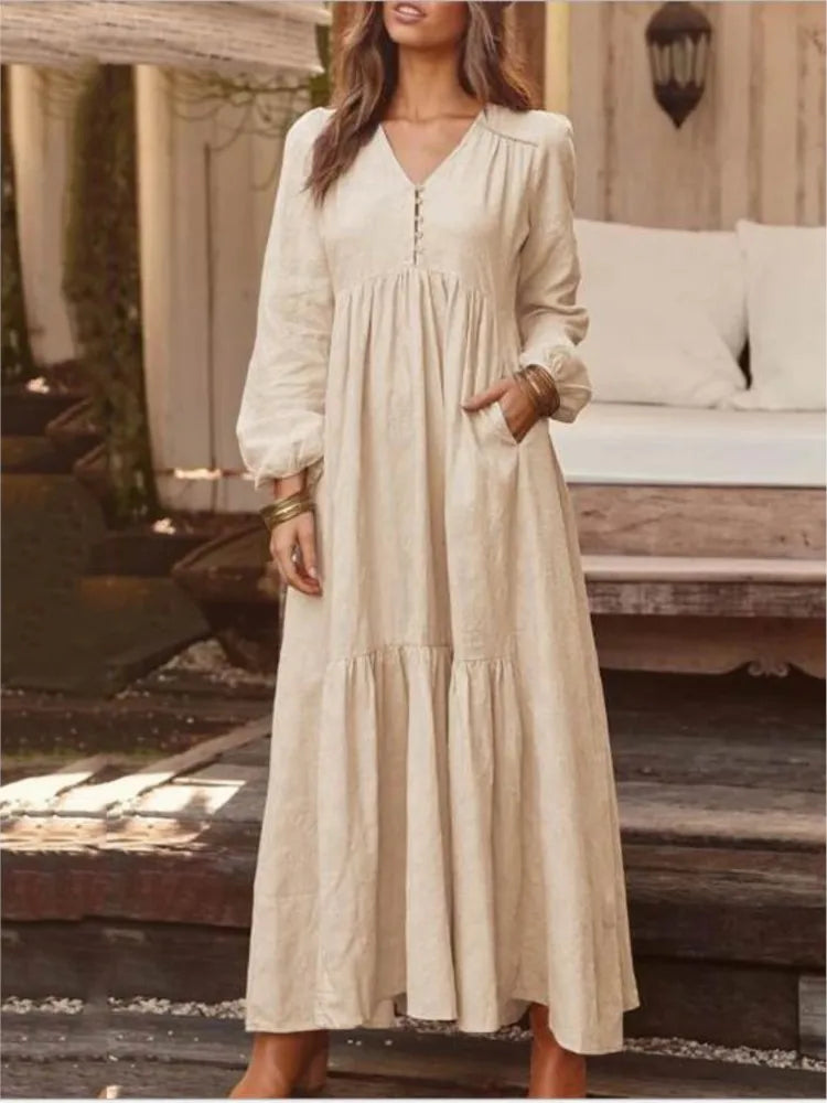 Vintage Cotton Linen Maxi Dress – Women’s Casual Long Sleeve V-Neck Dress