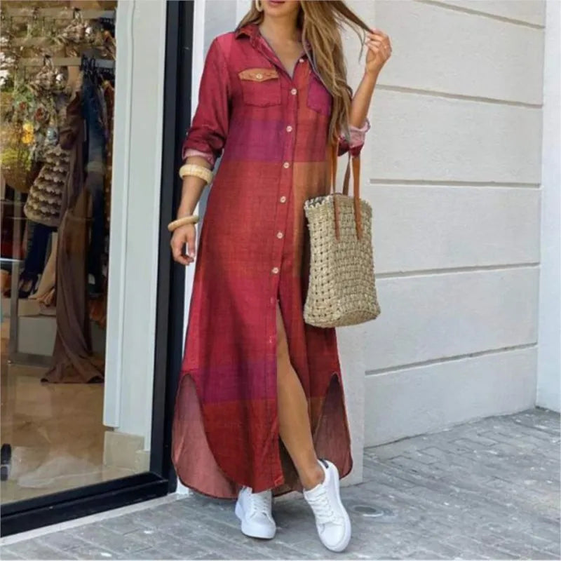 Elegant Women’s Long Sleeve Plaid Maxi Dress – Irregular Hem Shirt Dress with Buttons