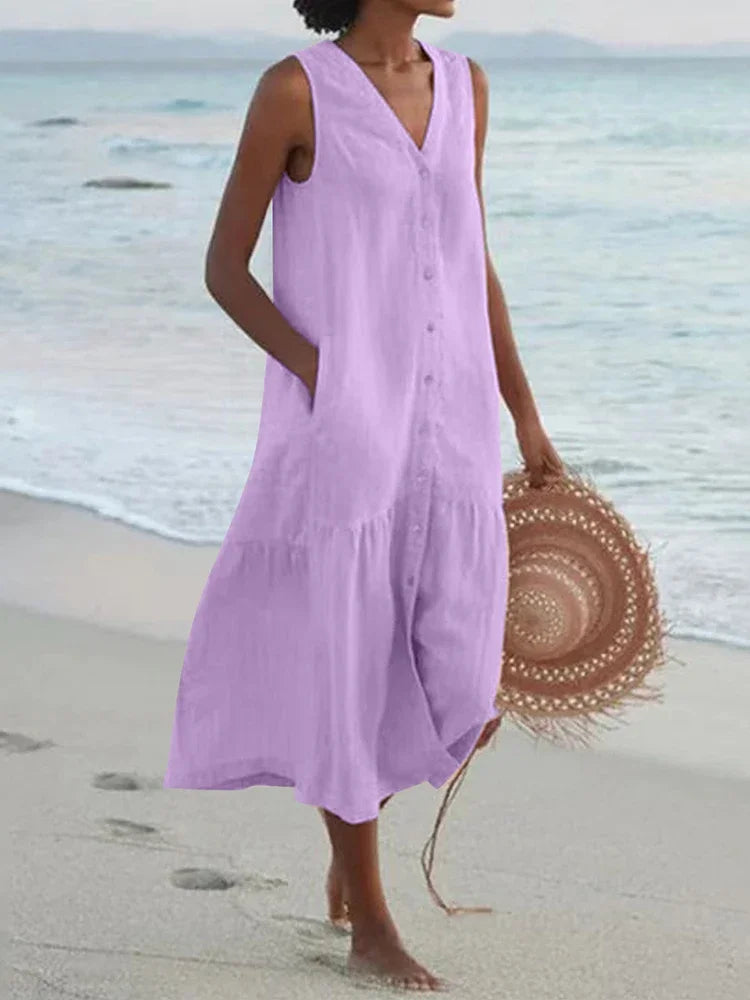 Summer Cotton Linen Patchwork Dress – V-Neck Sleeveless Midi with Pockets