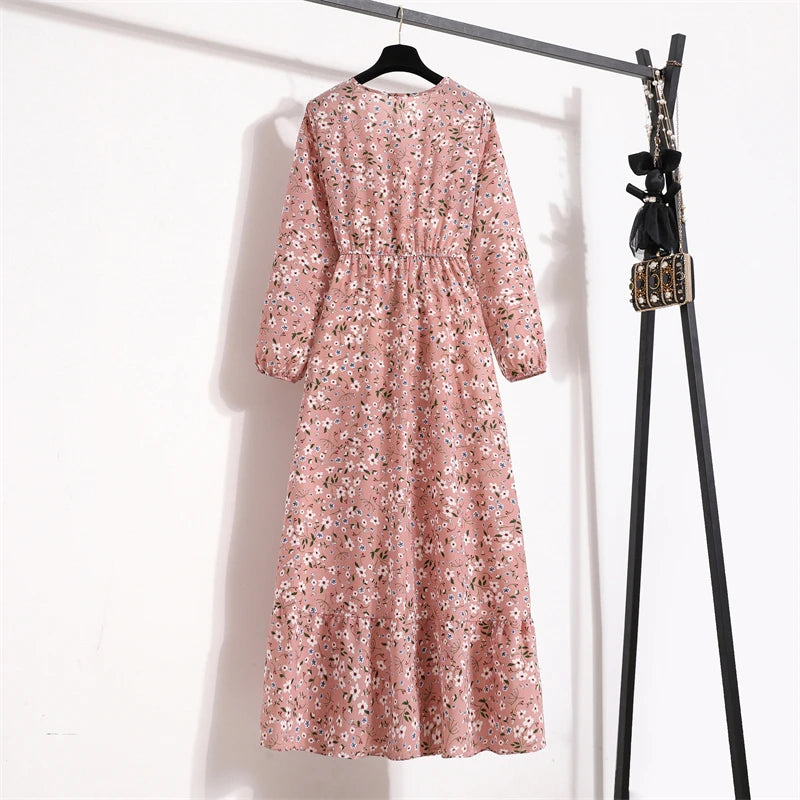 Spring Summer Women’s Floral Maxi Dress – Casual Full Sleeve Boho Beach Party Dress