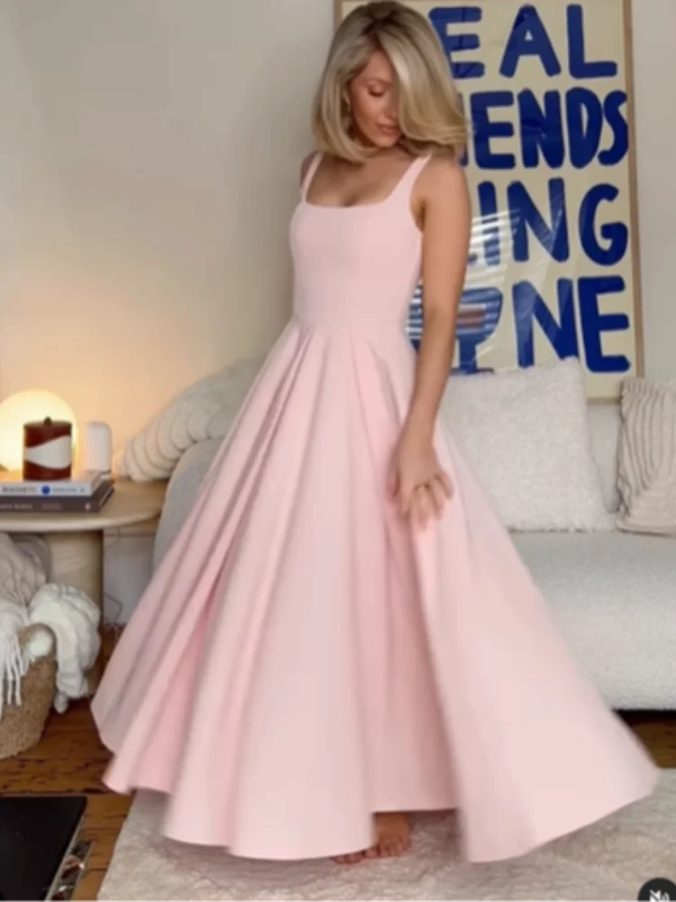 Polka Dot Maxi Dress – Elegant Square Neck Sleeveless High Waist Gown