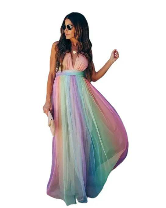 Robe en maille arc-en-ciel pour femme – Robe de plage sexy à col en V profond et taille haute pour l'été