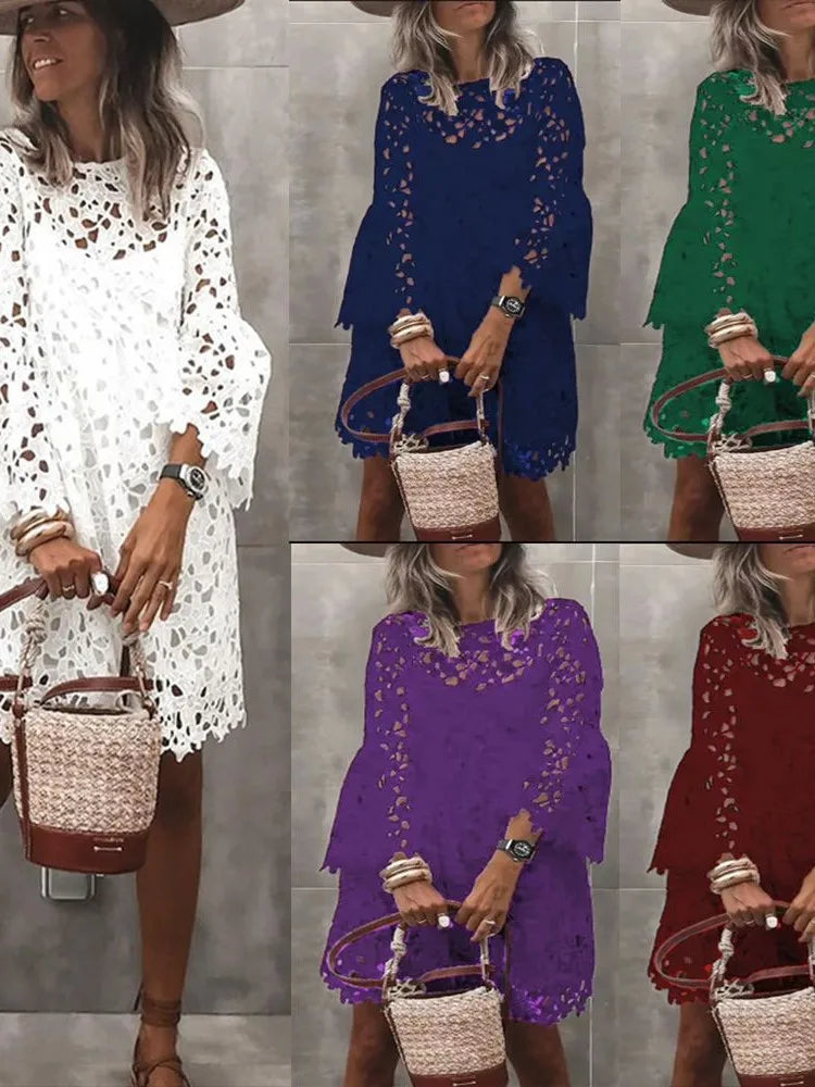 Lace Hollow Floral Dress – Elegant Long Sleeve Knee-Length Autumn Dress