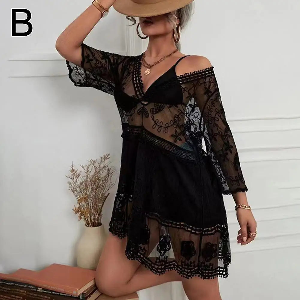 Sexy Mesh Bikini Cover-Up – Women’s Deep V-Neck Lace Hollow Beach Dress