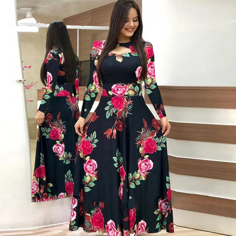 Robe à manches longues et imprimé floral pour femme, coupe ajustée et ajourée – Robe printemps-automne