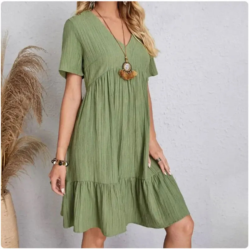 Women’s Peplum Summer Dress – V-Neck Short Sleeve Ruffle Flare Vacation Dress