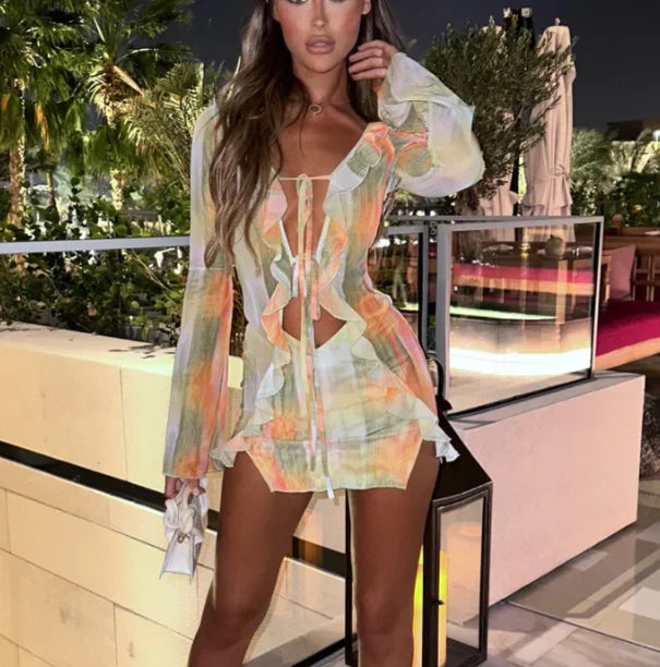 Robe courte moulante patchwork tie-dye pour femme – Manches longues avec fente à laçage