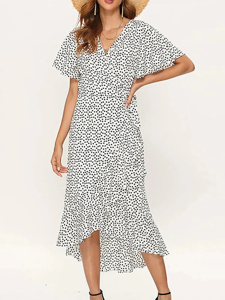 Summer Beach Maxi Dress for Women – Floral Print Boho Chiffon Ruffle Wrap Dress