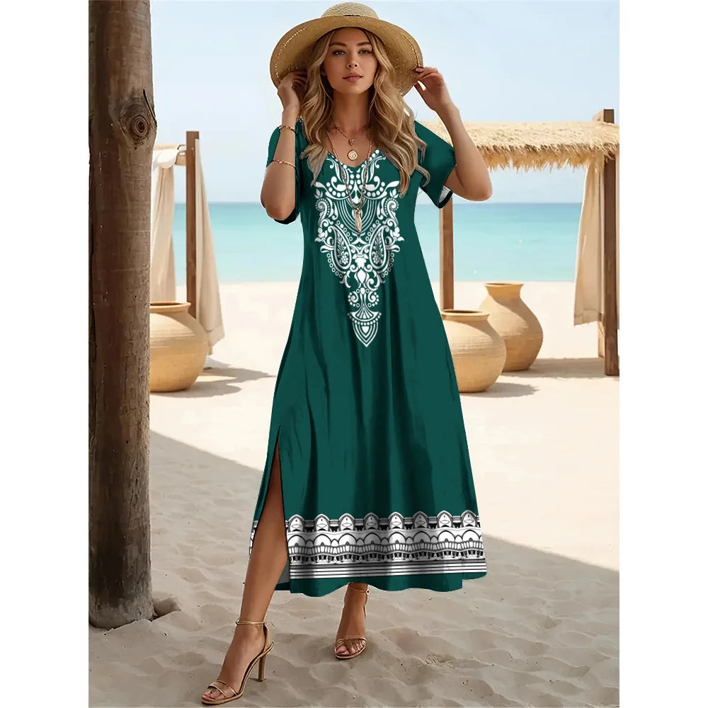 Robe longue fendue style bohème d'été – Robe pull à manches courtes et col en V pour femme