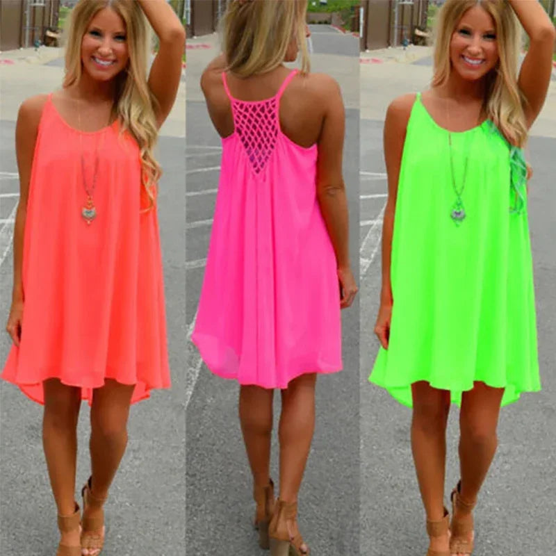 Loose Casual Summer Mini Dress – Sleeveless Spaghetti Strap Hollow-Out Bodycon