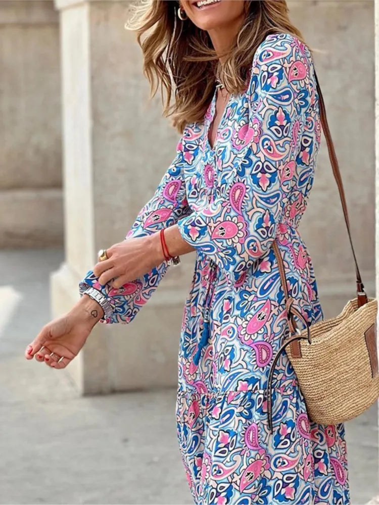 Bohemian V-Neck Tie Waist Maxi Dress – Long Sleeve Autumn Casual Printed Dress