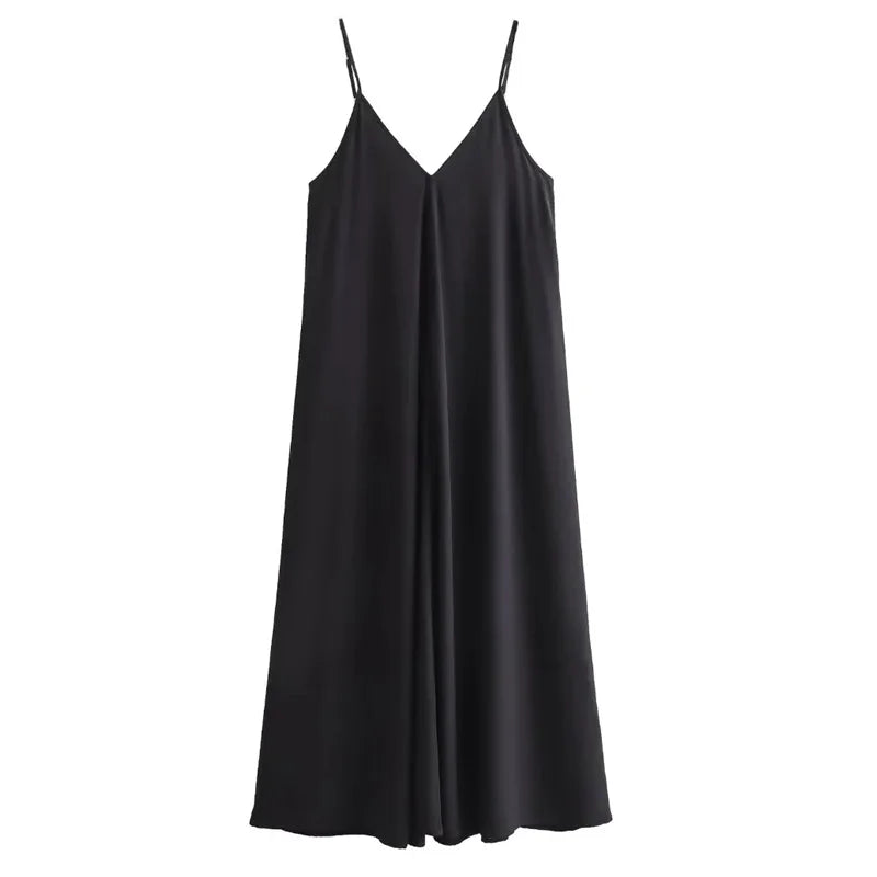 TRAF Black Slip Dress for Women – Loose Fit, Backless, Sleeveless Long Summer Dress