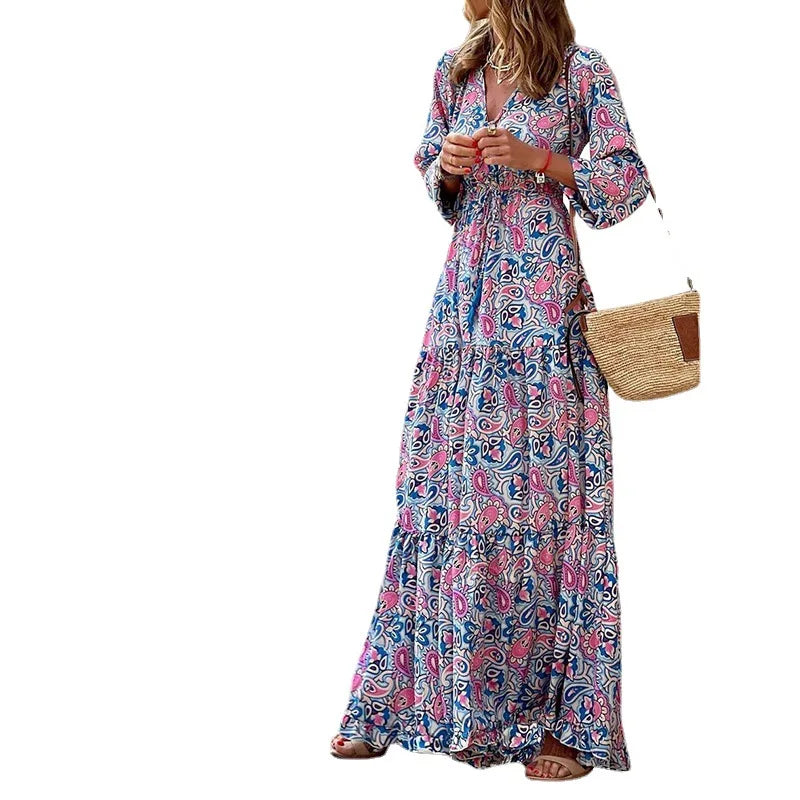 Elegant Women’s Flower Long Dress – Spring Bohemian Printed Abiye Dress