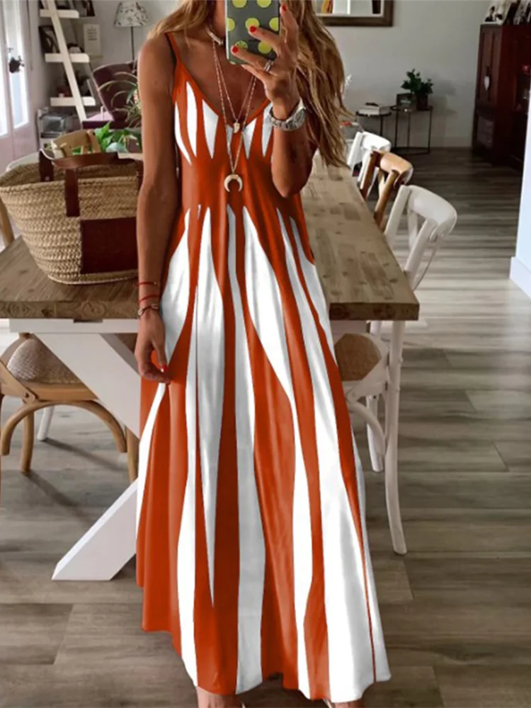 Sexy Sleeveless Black & White Stripe Printed Long Dress – Summer Casual Party