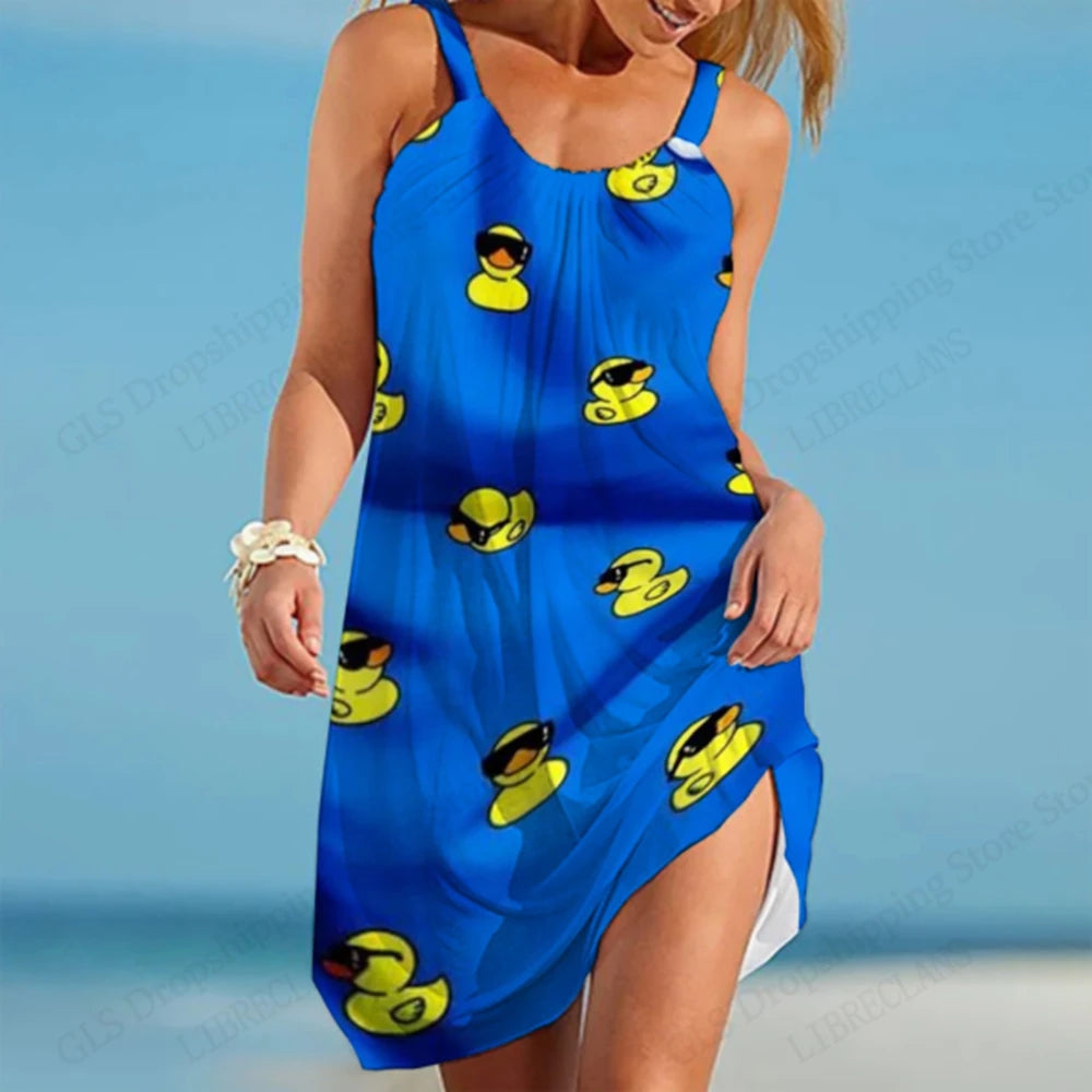Hawaiian Beach Dress for Women – 3D Duck Print Summer Midi Strap Bohemian Sundress