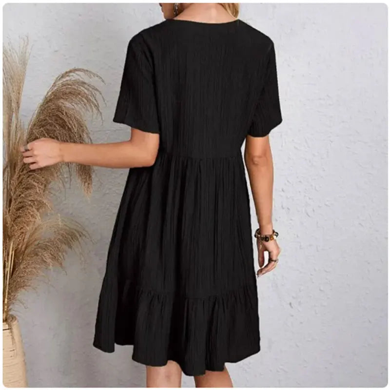 Women’s Peplum Summer Dress – V-Neck Short Sleeve Ruffle Flare Vacation Dress