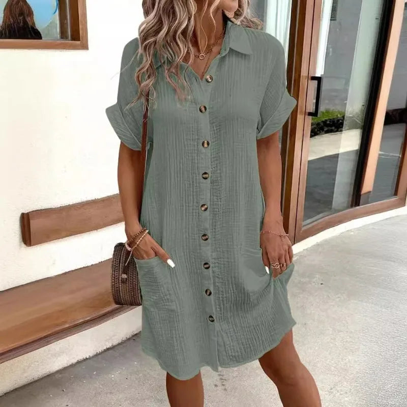 Robe chemise boutonnée d'été en coton et lin pour femme, col en V, avec poches
