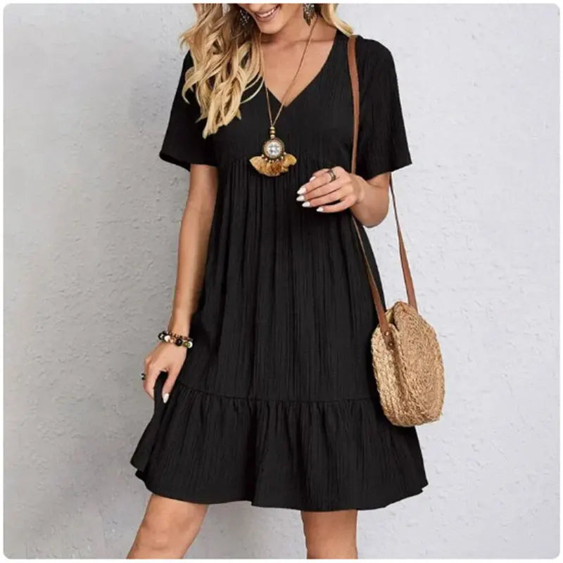 Women’s V-Neck Peplum Dress – Summer Loose Waist Ruffle Flare Vacation Dress