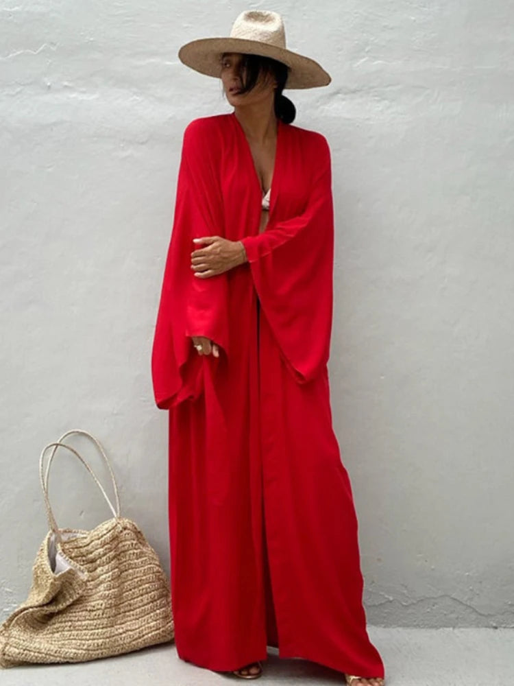 Solid Color Kimono Beach Cover-Up – Women’s Self-Belted Swimsuit Wrap Dress