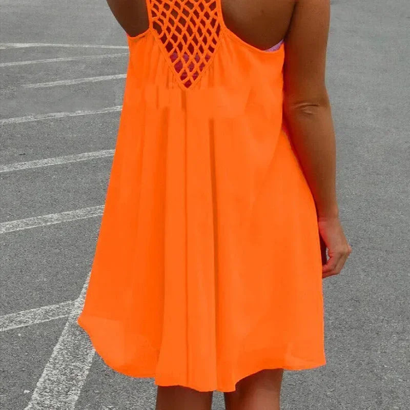 Loose Casual Summer Mini Dress – Sleeveless Spaghetti Strap Hollow-Out Bodycon