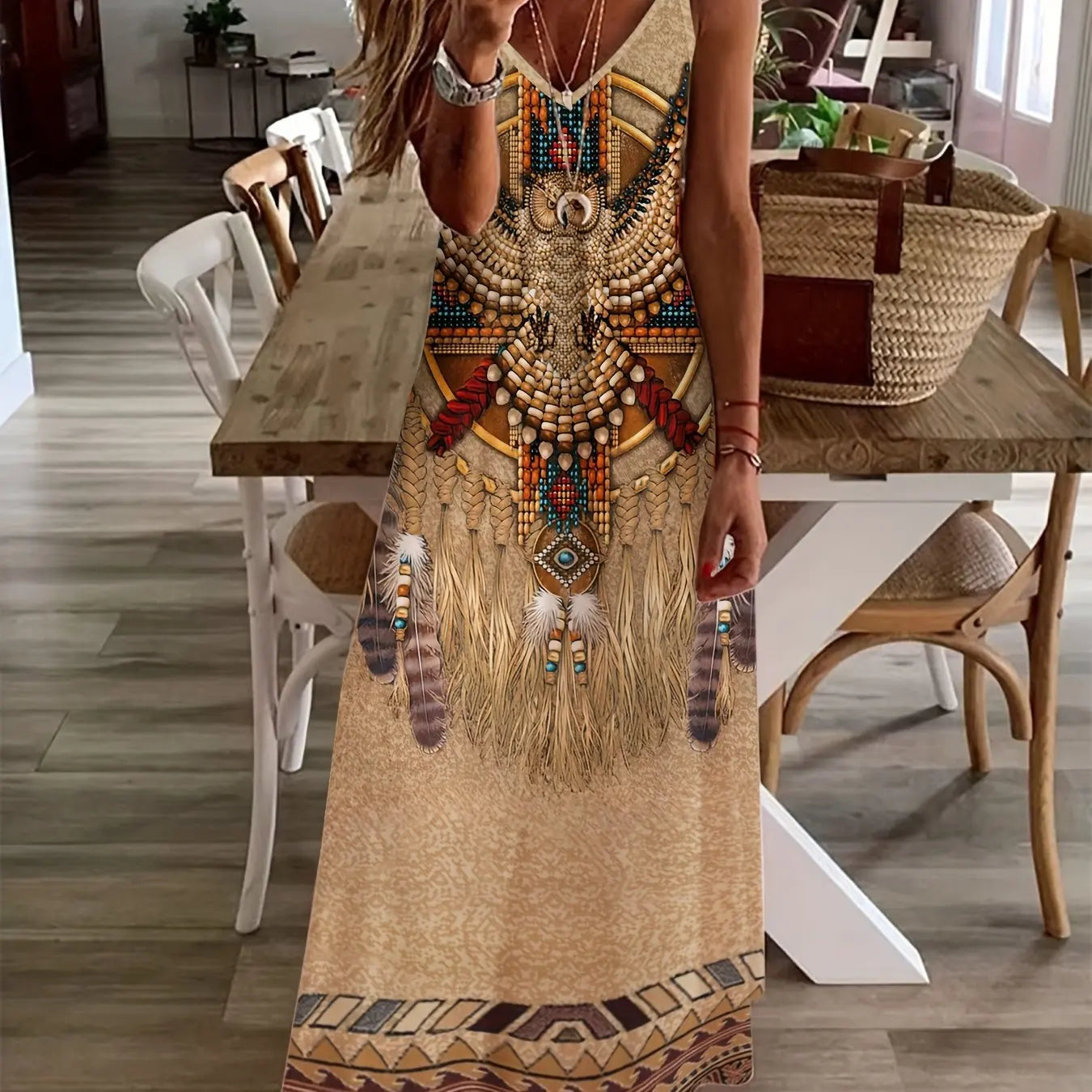 Retro Fishing Net Print Sleeveless Suspender Ankle-Length Dress