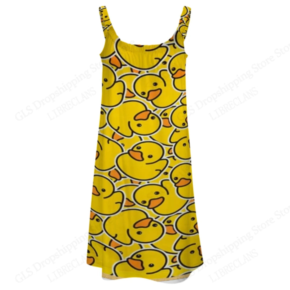 Hawaiian Beach Dress for Women – 3D Duck Print Summer Midi Strap Bohemian Sundress