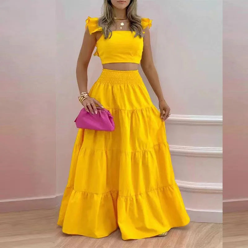 Summer 2-Piece Set – Sexy Solid Maxi Skirt & Loose Top Outfit for Women