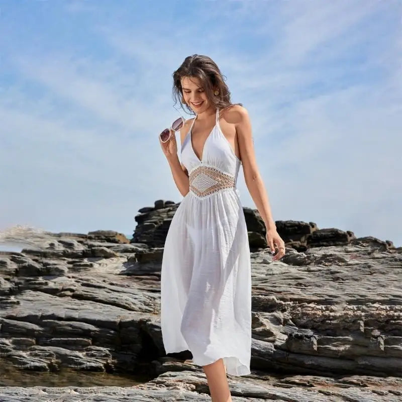 Elegant White Beach Cover Up – Sleeveless Sun Protection Dress for Women