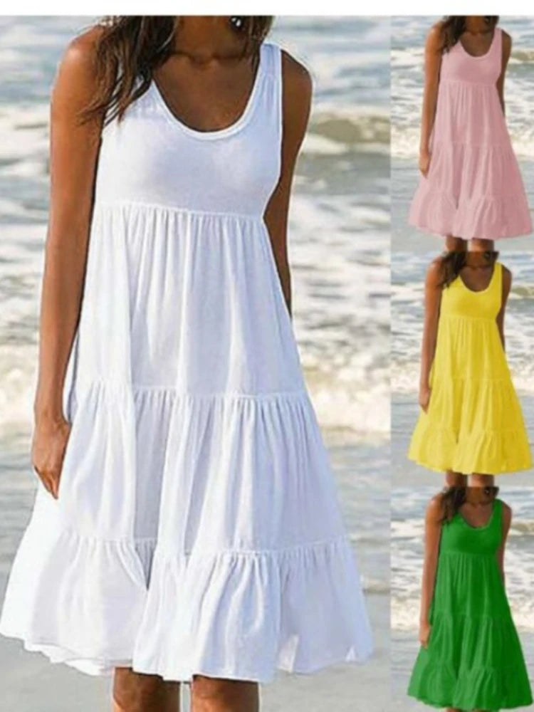 Oversized O-Neck Sleeveless Ruffle Loose Beach Dress – Boho Plus Size Sundress