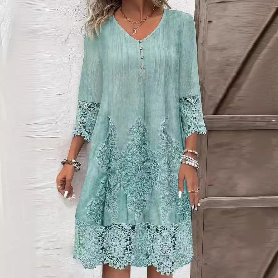 Vestido de encaje liso con cuello en V y botones: vestido informal holgado para oficina y vacaciones.